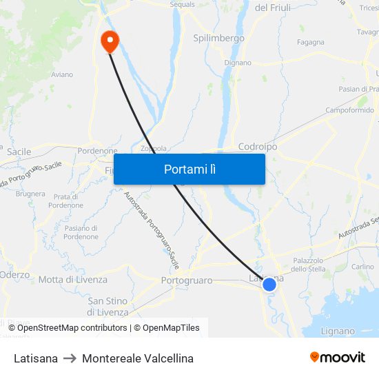 Latisana to Montereale Valcellina map