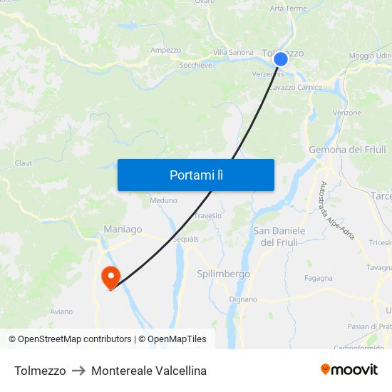 Tolmezzo to Montereale Valcellina map