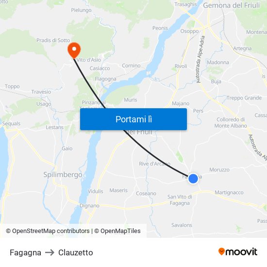 Fagagna to Clauzetto map