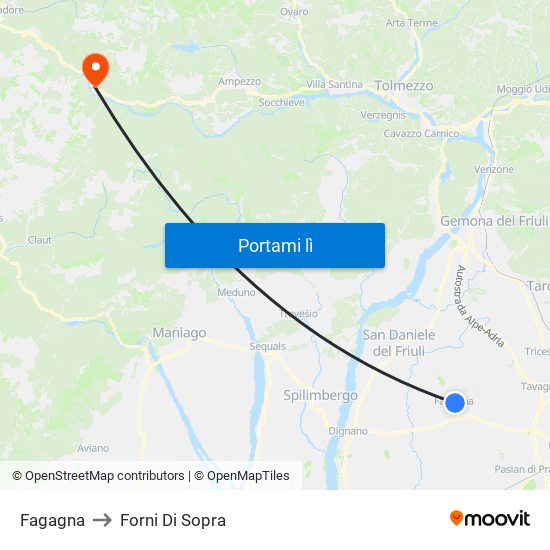 Fagagna to Forni Di Sopra map