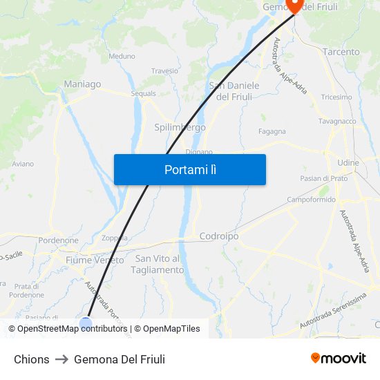 Chions to Gemona Del Friuli map
