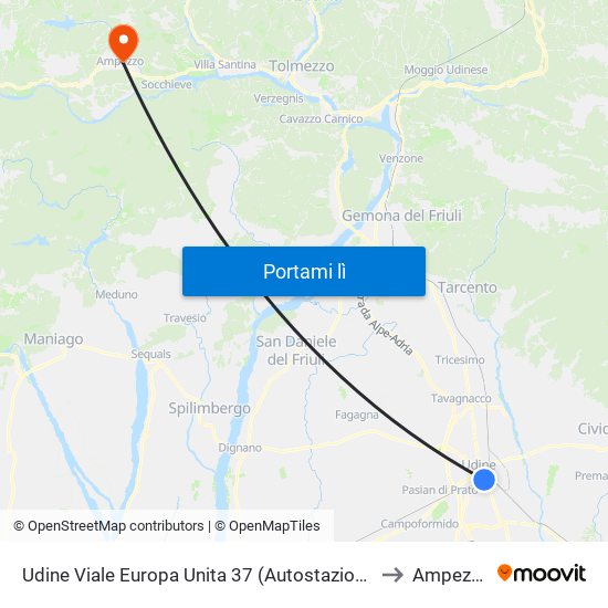 Udine Viale Europa Unita 37 (Autostazione) to Ampezzo map