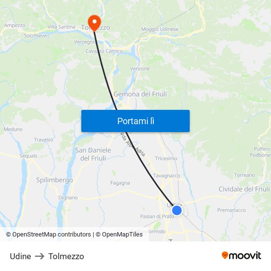 Udine to Tolmezzo map