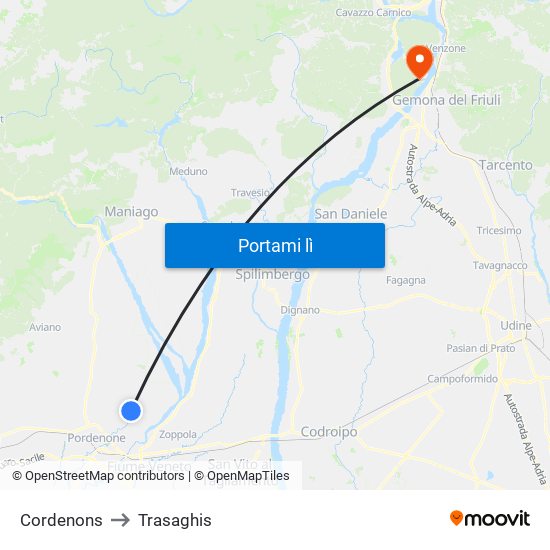 Cordenons to Trasaghis map