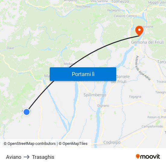 Aviano to Trasaghis map