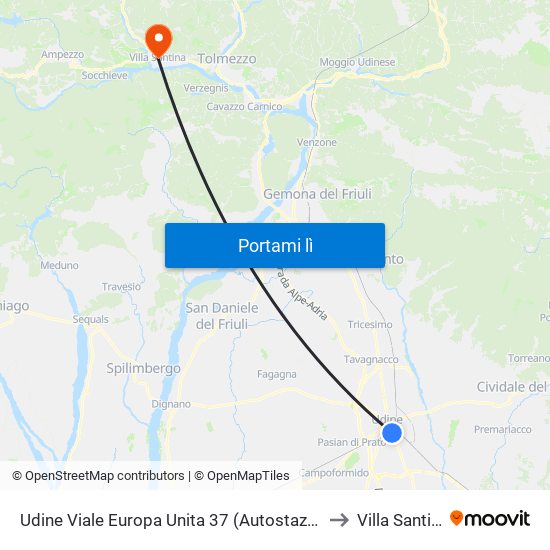 Udine Viale Europa Unita 37 (Autostazione) to Villa Santina map