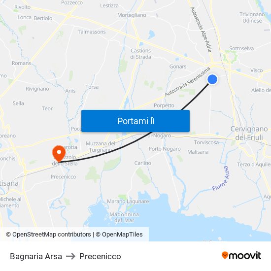 Bagnaria Arsa to Precenicco map