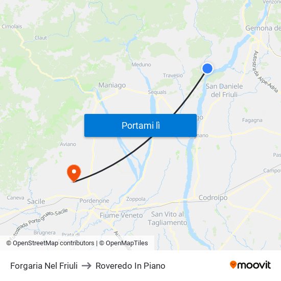 Forgaria Nel Friuli to Roveredo In Piano map