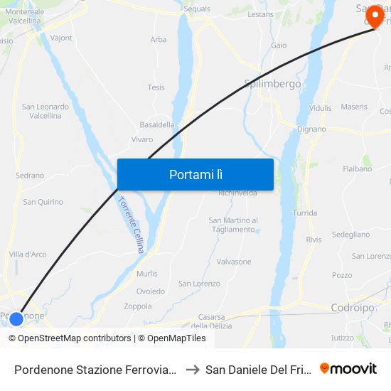 Pordenone Stazione Ferroviaria to San Daniele Del Friuli map