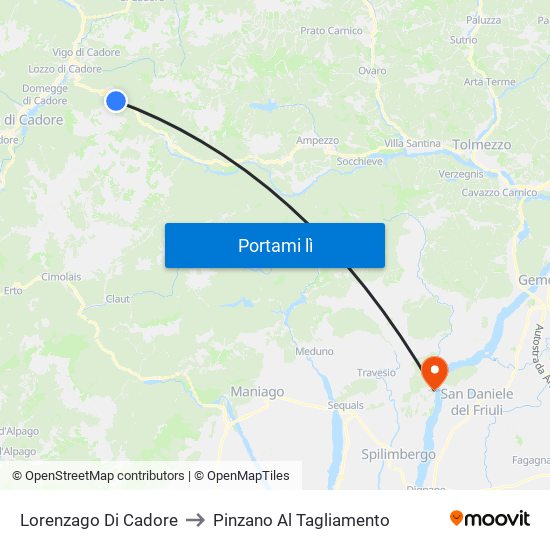 Lorenzago Di Cadore to Pinzano Al Tagliamento map