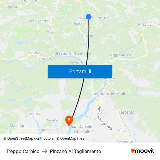 Treppo Carnico to Pinzano Al Tagliamento map