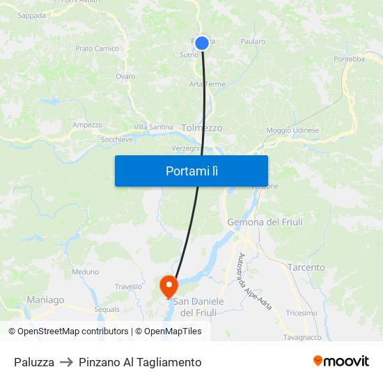 Paluzza to Pinzano Al Tagliamento map