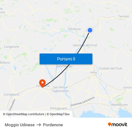 Moggio Udinese to Pordenone map