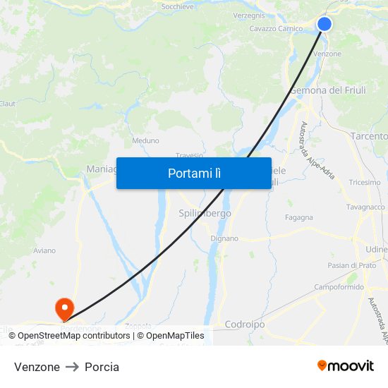 Venzone to Porcia map