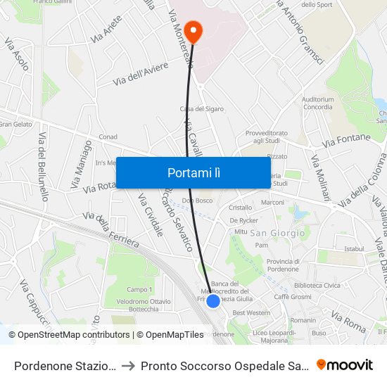 Pordenone Stazione Ferroviaria to Pronto Soccorso Ospedale Santa Maria Degli Angeli map