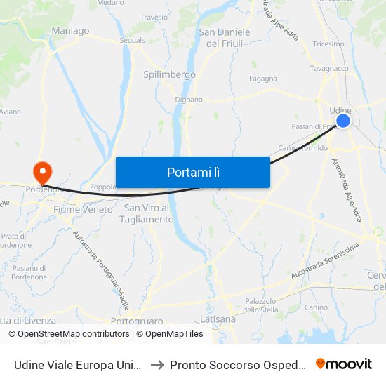 Udine Viale Europa Unita 99 (Fronte Stazione Fs) to Pronto Soccorso Ospedale Santa Maria Degli Angeli map