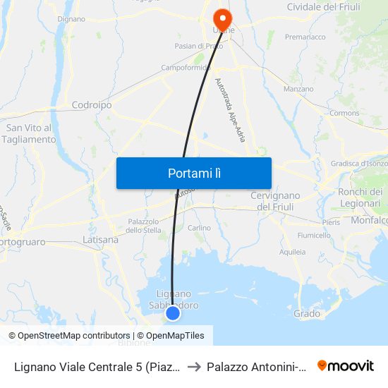 Lignano Viale Centrale 5 (Piazza Abbazia) to Palazzo Antonini-Cernazai map