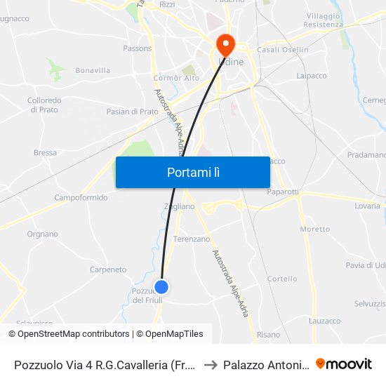 Pozzuolo Via 4 R.G.Cavalleria (Fr.Parco Rose, Dir.Udine) to Palazzo Antonini-Cernazai map