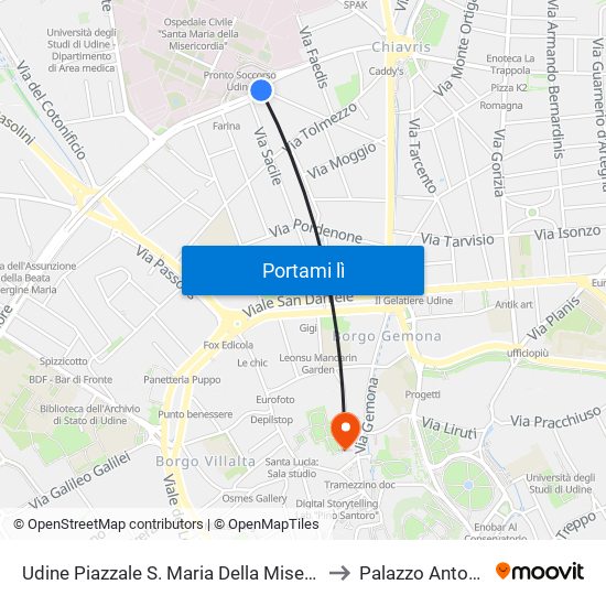 Udine Piazzale S. Maria Della Misericordia (Fronte Ospedale) to Palazzo Antonini-Cernazai map