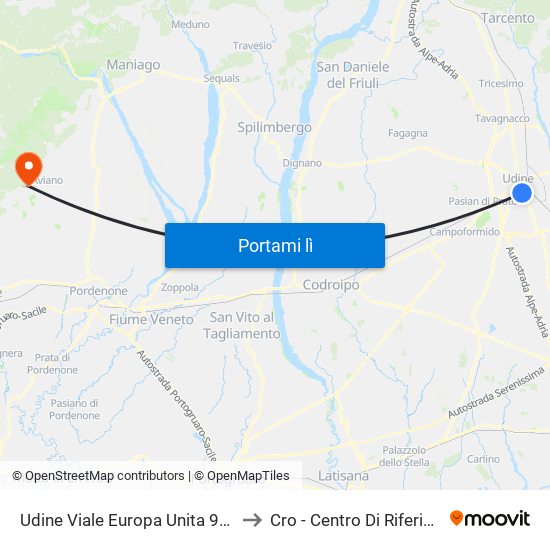 Udine Viale Europa Unita 99 (Fronte Stazione Fs) to Cro - Centro Di Riferimento Oncologico map