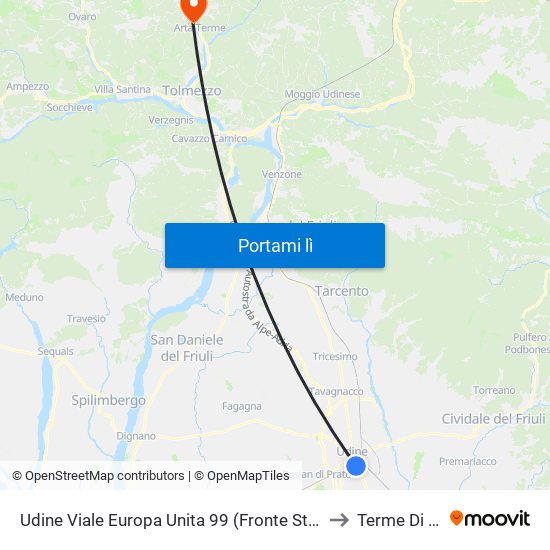 Udine Viale Europa Unita 99 (Fronte Stazione Fs) to Terme Di Arta map