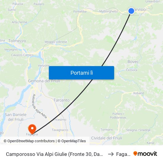 Camporosso Via Alpi Giulie (Fronte 30, Dawit Direz. Udine) to Fagagna map