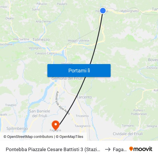 Pontebba Piazzale Cesare Battisti 3 (Stazione Fs, Dir.Udine) to Fagagna map
