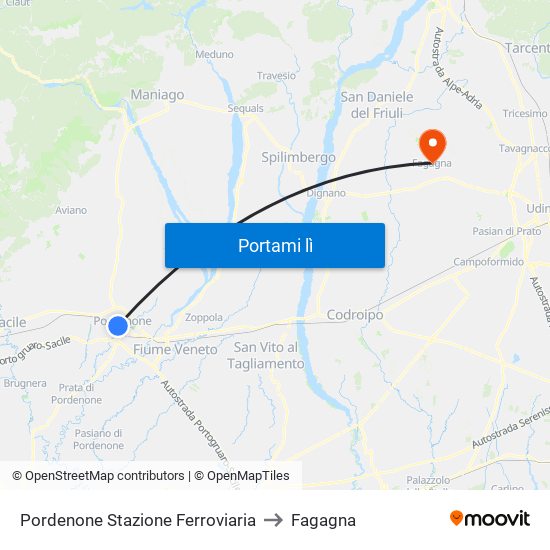 Pordenone Stazione Ferroviaria to Fagagna map