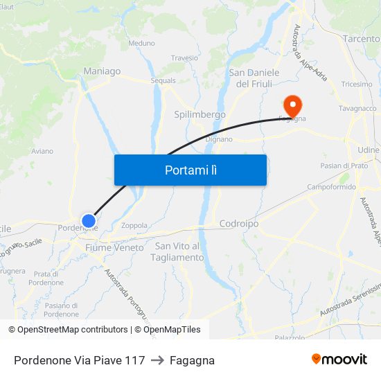 Pordenone Via Piave 117 to Fagagna map