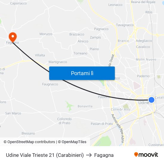 Udine Viale Trieste 21 (Carabinieri) to Fagagna map