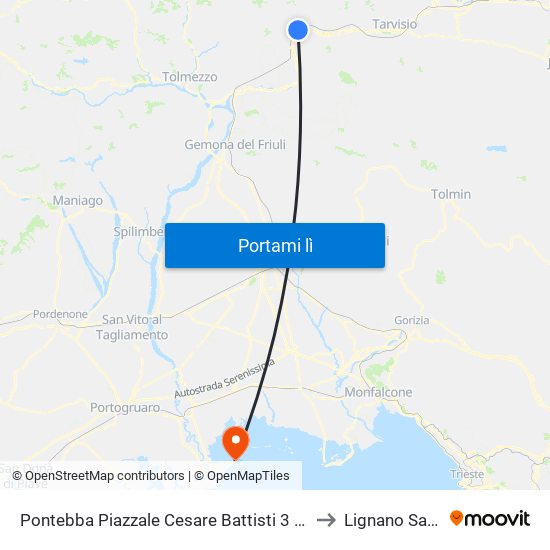 Pontebba Piazzale Cesare Battisti 3 (Stazione Fs, Dir.Udine) to Lignano Sabbiadoro map