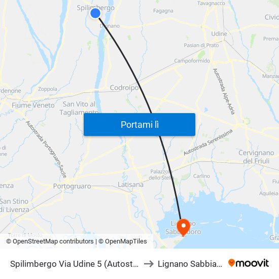 Spilimbergo Via Udine 5 (Autostazione) to Lignano Sabbiadoro map