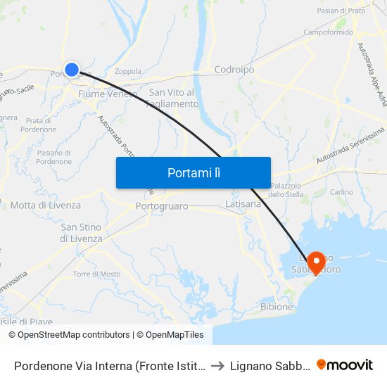 Pordenone Via Interna (Fronte Istituto Kennedy) to Lignano Sabbiadoro map