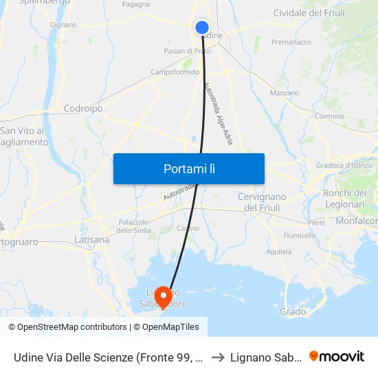 Udine Via Delle Scienze (Fronte 99, Mensa Università) to Lignano Sabbiadoro map