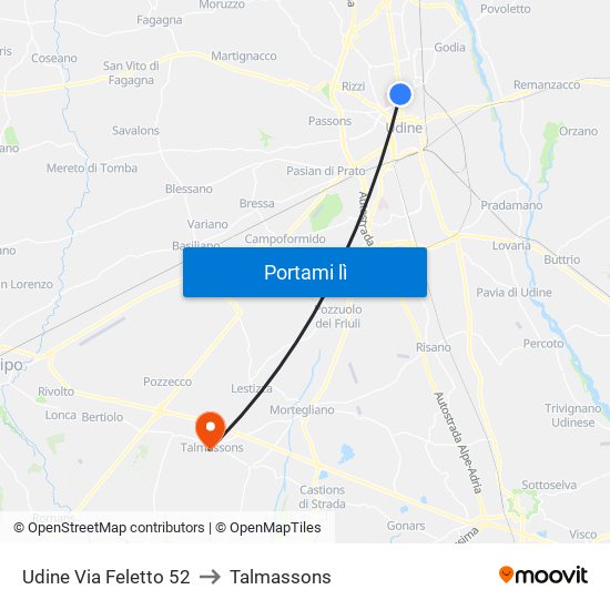 Udine Via Feletto 52 to Talmassons map