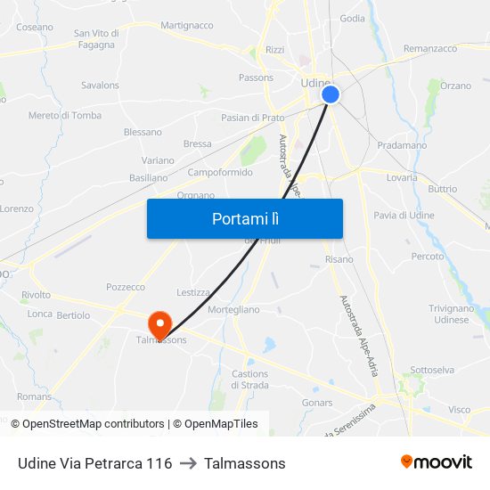 Udine Via Petrarca 116 to Talmassons map