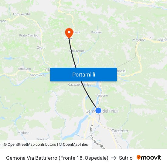 Gemona Via Battiferro (Fronte 18, Ospedale) to Sutrio map