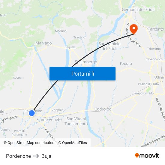 Pordenone to Buja map