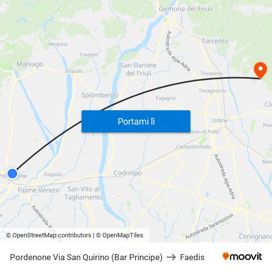 Pordenone Via San Quirino (Bar Principe) to Faedis map