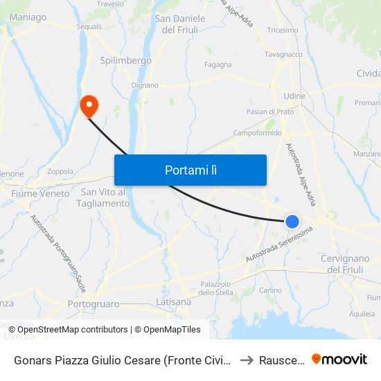 Gonars Piazza Giulio Cesare (Fronte Civico 13) to Rauscedo map