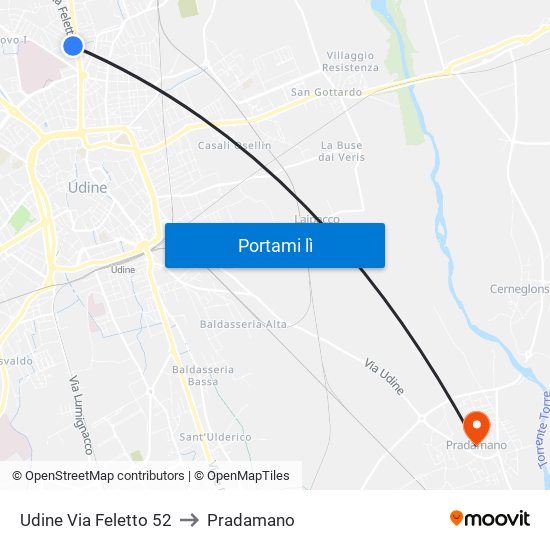 Udine Via Feletto 52 to Pradamano map