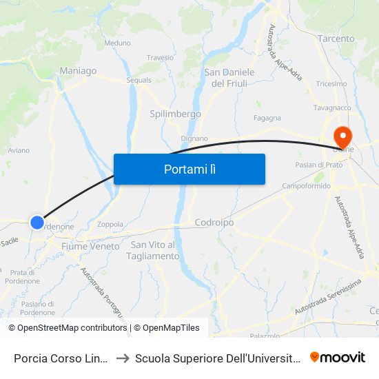 Porcia Corso Lino Zanussi 18 to Scuola Superiore Dell'Università Degli Studi Di Udine map