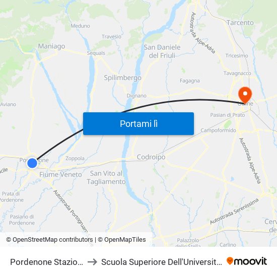 Pordenone Stazione Ferroviaria to Scuola Superiore Dell'Università Degli Studi Di Udine map