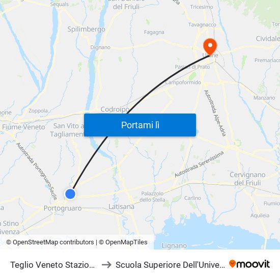 Teglio Veneto Stazione Ferroviaria Sp463 to Scuola Superiore Dell'Università Degli Studi Di Udine map