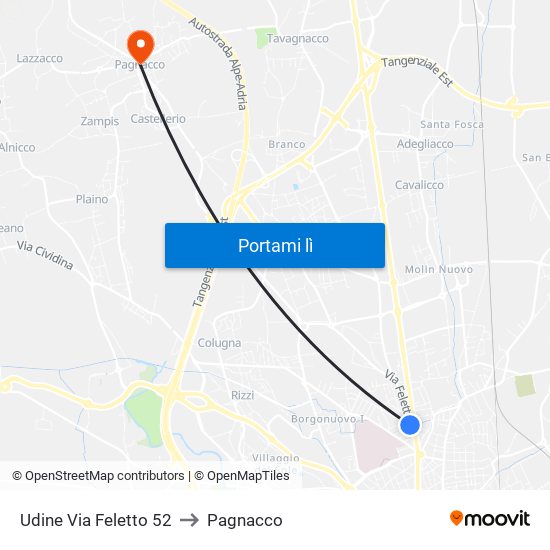 Udine Via Feletto 52 to Pagnacco map