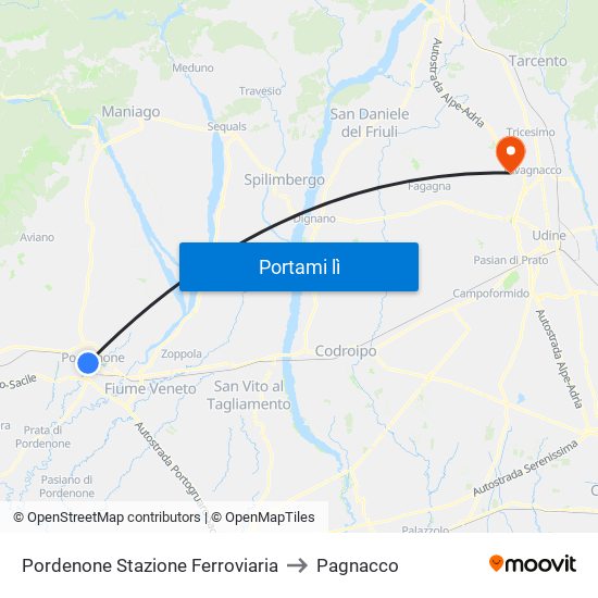 Pordenone Stazione Ferroviaria to Pagnacco map