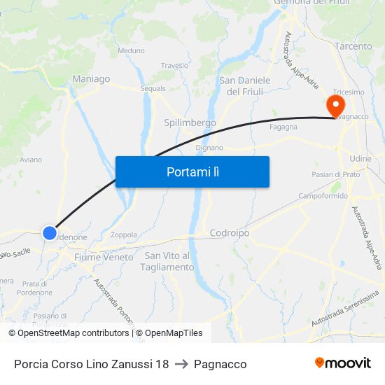 Porcia Corso Lino Zanussi 18 to Pagnacco map