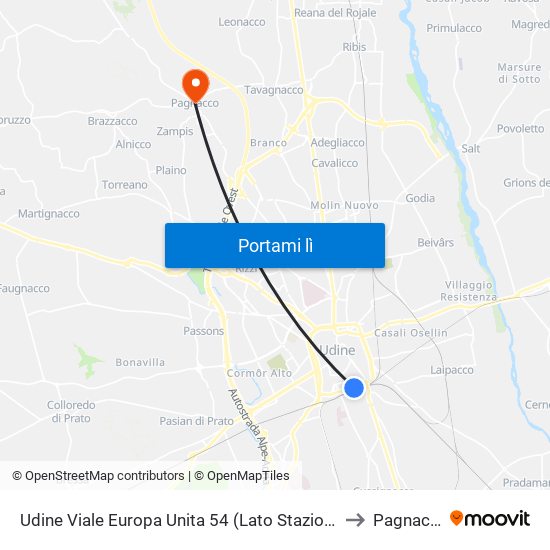 Udine Viale Europa Unita 54 (Lato Stazione Fs) to Pagnacco map