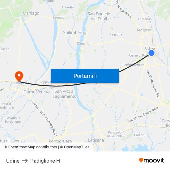 Udine to Padiglione H map