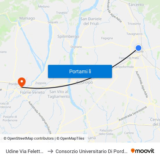 Udine Via Feletto 52 to Consorzio Universitario Di Pordenone map